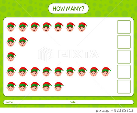 How many counting game with elf. worksheet for preschool kids, kids activity sheet How many counting game with elf. worksheet for preschool kids, kids activity sheet 92385212
