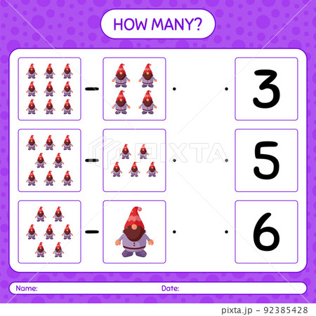 How many counting game with gnome. worksheet for preschool kids, kids activity sheet 92385428