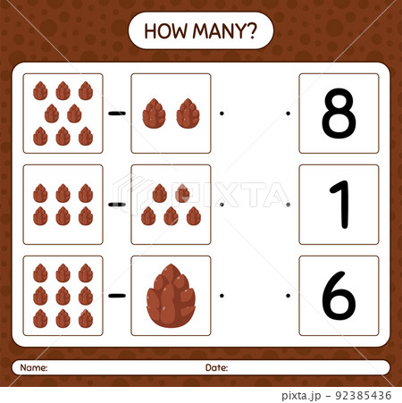 How many counting game with pine cone. worksheet for preschool kids, kids activity sheet How many counting game with pine cone. worksheet for preschool kids, kids activity sheet 92385436