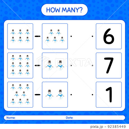 How many counting game with snowman. worksheet for preschool kids, kids activity sheet 92385449
