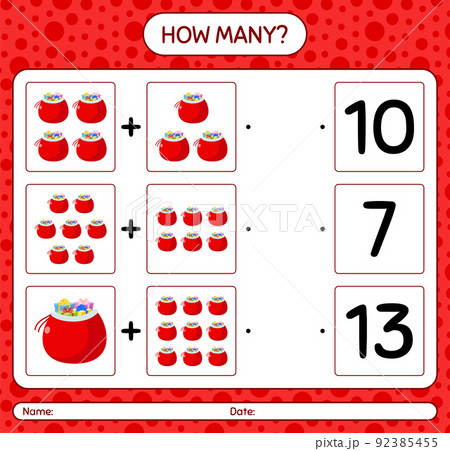 How many counting game with santa's bag. worksheet for preschool kids, kids activity sheet 92385455