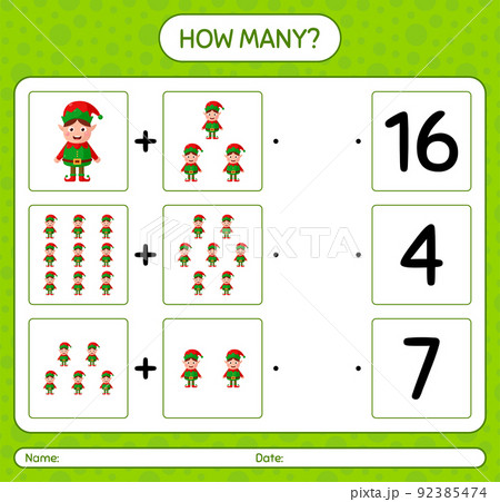 How many counting game with elf. worksheet for preschool kids, kids activity sheet 92385474