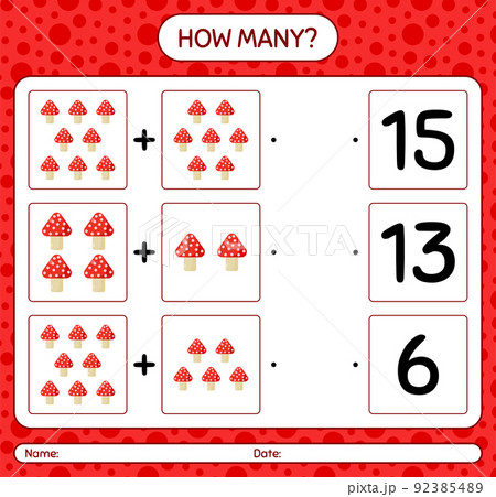 How many counting game with mushroom. worksheet for preschool kids, kids activity sheet How many counting game with mushroom. worksheet for preschool kids, kids activity sheet 92385489