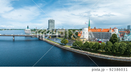 Sightseeing of Latvia. Aerial view of Riga Castle in the old town of Riga. 92386031