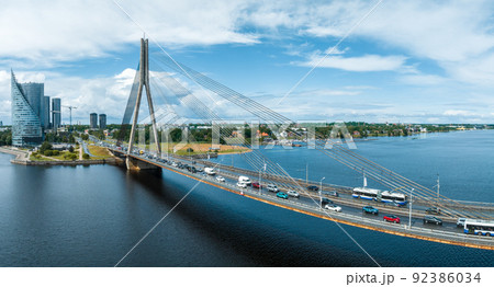 A panoramic image of the Vansu bridge that spans the river Daugava 92386034
