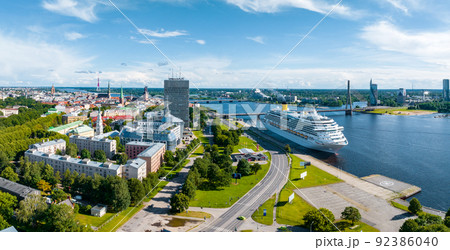 Aerial view of the large cruise ship docked in Riga port, 92386040