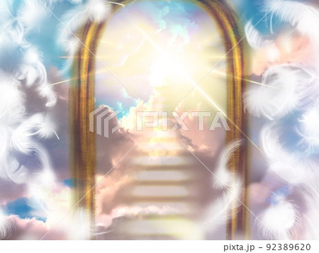 天空を舞う白い天使の羽と天国へ続く門と光る雲の階段のイラスト 92389620