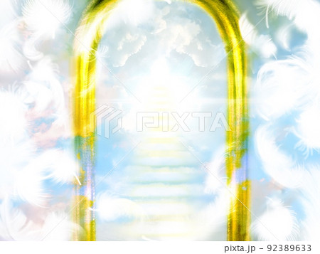 天空を舞う白い天使の羽と天国へ続く門と光る雲の階段のイラスト 天空を舞う白い天使の羽と天国へ続く門と光る雲の階段のイラスト 92389633