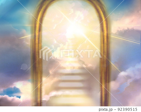 光かがやく天国へ続く門と光る雲の階段の天界イラスト 92390515