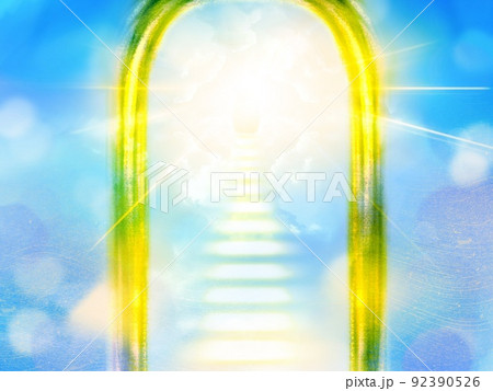 光かがやく天国へ続く門と光る雲の階段の天界イラスト 92390526