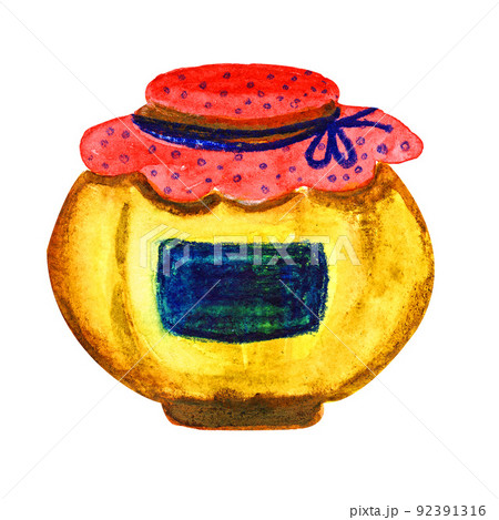 watercolor illustration jar with lid for storing honey and jam 92391316