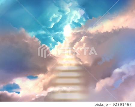 輝く天界からの光と天国へ続く光る雲の階段のイラストのイラスト素材
