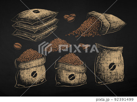 Chalk sketches set of sacks with coffee beans 92391499