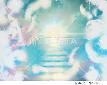 青空を舞う白い羽と天国に続く雲の階段のイラスト 92392058