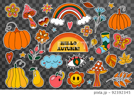 Retro 70s autumn vibe, hippie stickers, psychedelic groovy elements. Cartoon funky autumn Retro 70s autumn vibe, hippie stickers, psychedelic groovy elements. Cartoon funky autumn 92392345