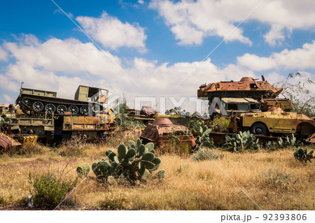 Destroyed War Machines and Tanks rounded by Cactuses on the Tank Graveyard in Asmara, Eritrea 92393806