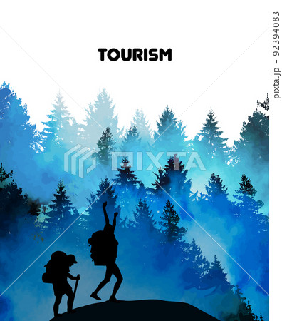 Traveler Silhouette Stand Top Mountain Rock Peak Climber Empty Copy Space . A tourist with a backpack stands on top of a hill. Vector illustration Traveler Silhouette Stand Top Mountain Rock Peak Climber Empty Copy Space . A tourist with a backpack stands on top of a hill. Vector illustration 92394083