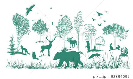 Forest landscape with silhouettes of animals. Vector illustration Forest landscape with silhouettes of animals. Vector illustration 92394095