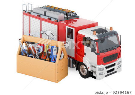 Repair and service of fire truck, 3D rendering 92394167