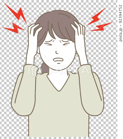 Illustration of a woman with a headache, tension-type headache 92394752