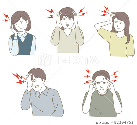 頭が痛い人の上半身イラストセット、頭痛の種類 92394753