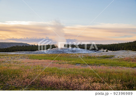 Sunset view of the Old Faithful geyser Sunset view of the Old Faithful geyser 92396989