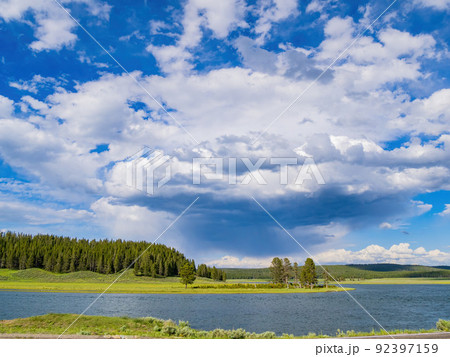 Sunny beautiful Yellowstone River landscape in Yellowstone National Park 92397159
