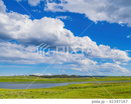 Sunny beautiful Yellowstone River landscape in Yellowstone National Park 92397167