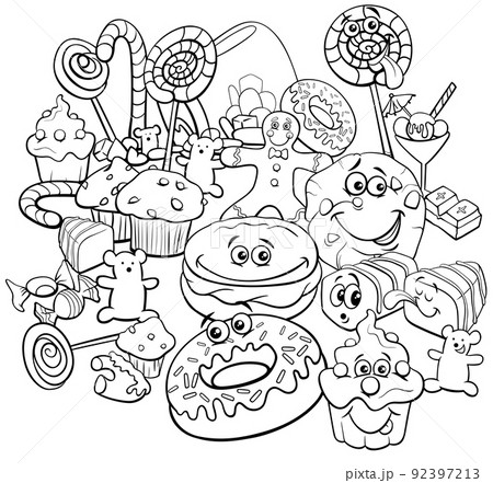 cartoon sweet food objects group coloring page 92397213