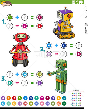 addition and subtraction worksheet with cartoon robots 92397238