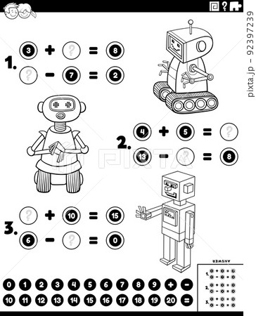 addition and subtraction worksheet with robots coloring page 92397239