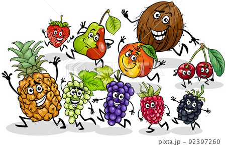 cartoon playful fruit comic characters group 92397260