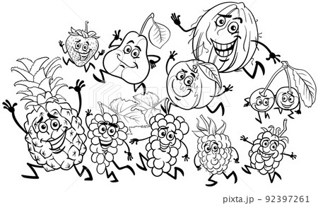 cartoon playful fruit characters group coloring page 92397261