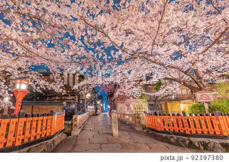 【京都府】祇園白川　巽橋の夜桜 92397380