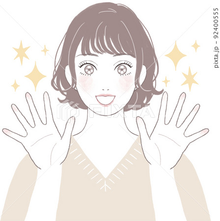 目を輝かせるショートカット(パーマ)の可愛い女性 手を開いたポーズver 目を輝かせるショートカット(パーマ)の可愛い女性 手を開いたポーズver 92400555