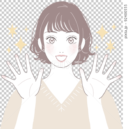 目を輝かせるショートカット(パーマ)の可愛い女性 手を開いたポーズver 目を輝かせるショートカット(パーマ)の可愛い女性 手を開いたポーズver 92400555