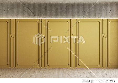 Interior with yellow wall panel and wood floor. 3d render illustration mockup. Interior with yellow wall panel and wood floor. 3d render illustration mockup. 92404943