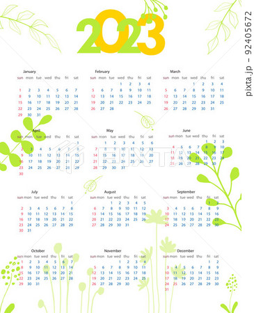 Yearly calendar template 2023. Week starts on Sunday. Calendar design in a minimalist style. Plant doodles. Vector Yearly calendar template 2023. Week starts on Sunday. Calendar design in a minimalist style. Plant doodles. Vector 92405672