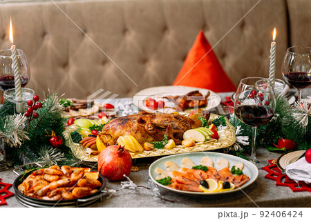 New Year festive served table with decorations New Year festive served table with decorations 92406424