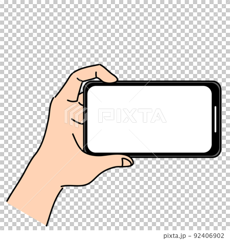 Illustration of a hand holding a sideways smartphone 92406902