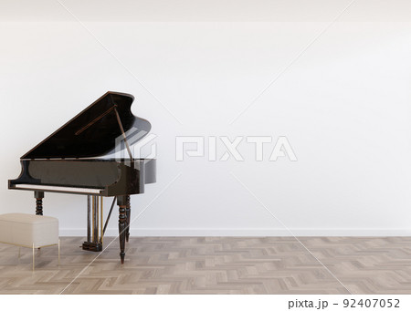 Room with parquet floor, white wall and empty space. Black piano. Mock up interior. Free, copy space for your furniture, picture, decoration and other objects. 3D rendering. 92407052