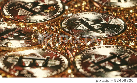 Bitcoin, crypto currency. Golden coins rotating clockwise. Digital exchange, popularity of BTC 92409800