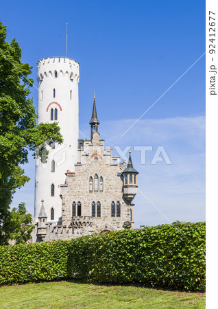 Lichtenstein castle on forested rock cliff in Swabian Alps in summer Lichtenstein castle on forested rock cliff in Swabian Alps in summer 92412677