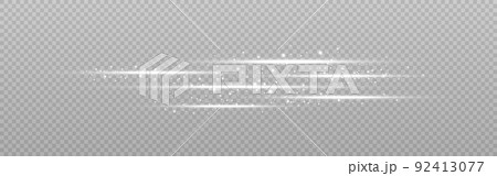Light flare. White glowing lines with glitter effect. Bright beams on transparent background. Abstract horizontal lens. Magic light rays with particles. Vector illustration 92413077