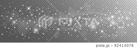 Glowing light effect. Silver sparkling wave. Christmas wide decoration for poster or banner. White stars and particles. Magic glittering effect. White dust and sparks. Vector illustration 92413078