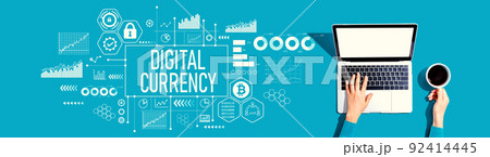 Digital currency theme with person using a laptop Digital currency theme with person using a laptop 92414445