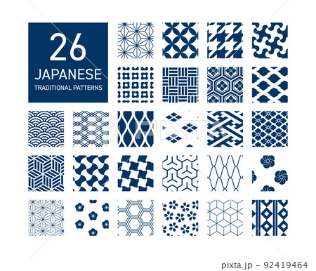 青色の和柄のパターンセット 92419464