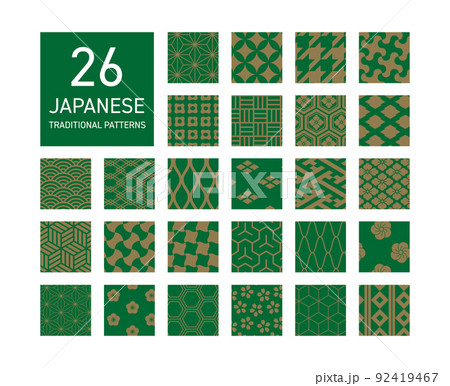 緑と金の和柄のパターンセット 92419467