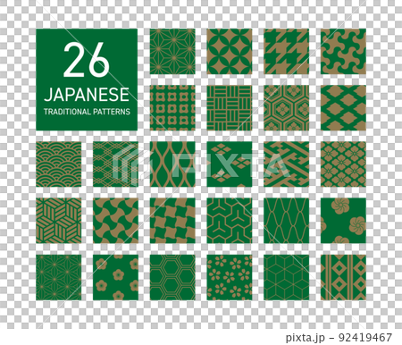 緑と金の和柄のパターンセット 92419467