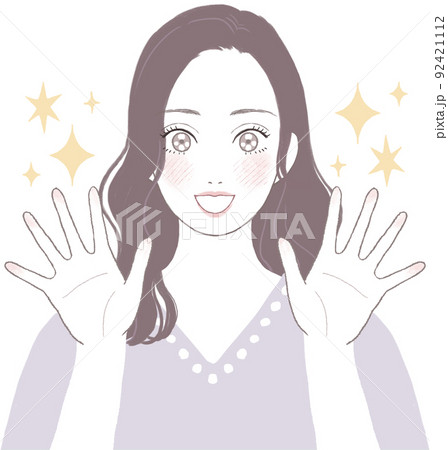 目を輝かせるロングヘア(ウェーブ)の美人な女性 手を開いたポーズver 92421112